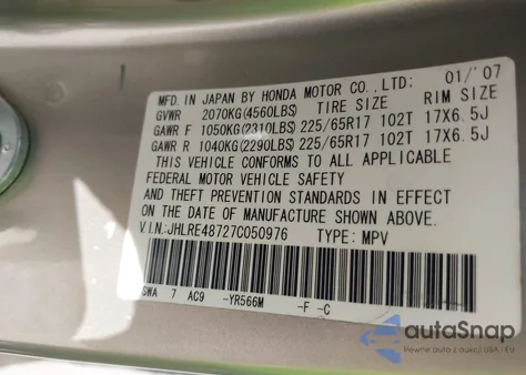 2007 Honda Cr-V Ex-L z USA, uszkodzony, nr VIN JHLRE48727C050976